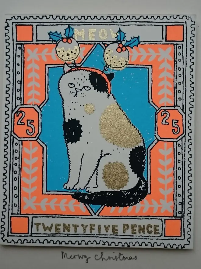 Cat Christmas Card Christmas Puds, a white card with a colourful cat design in the centre. 