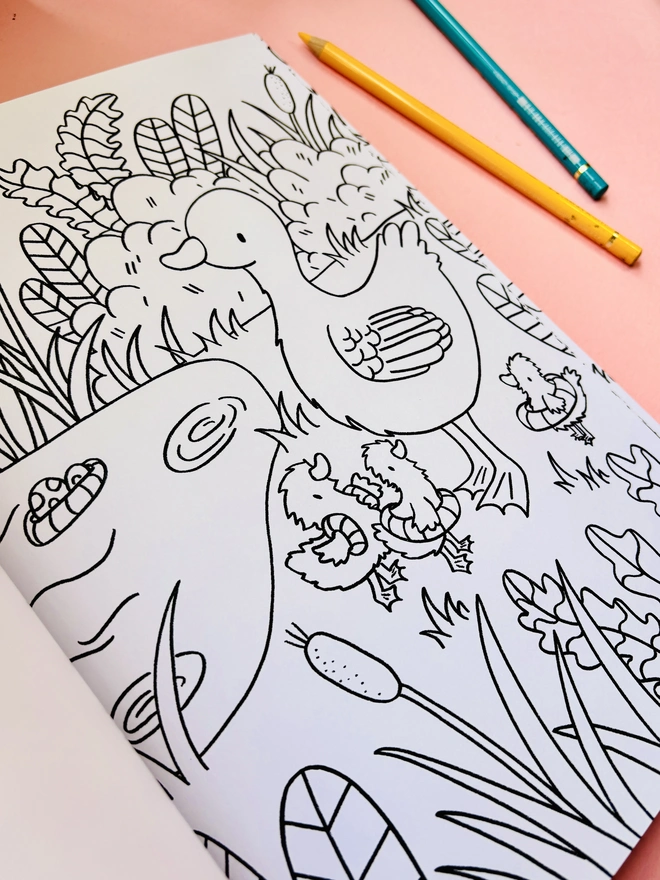 Cute ducklings illustrated colouring page