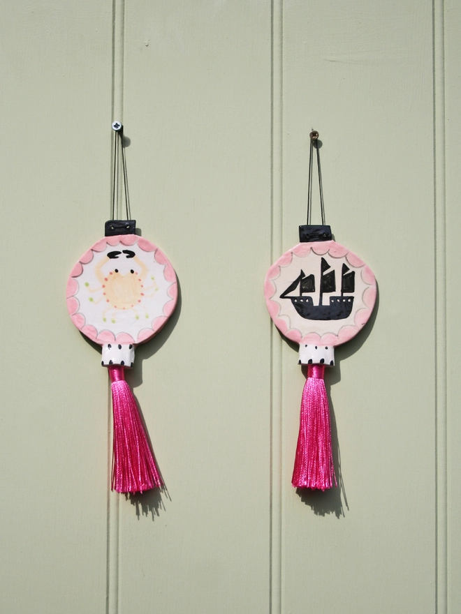Ceramic double sided seaside lantern with crab and ship silhouette decorative hanging ornament 