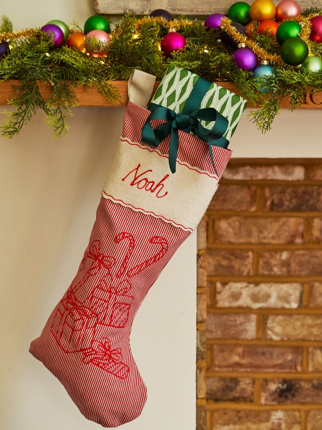 Red striped embroidered Christmas stocking 