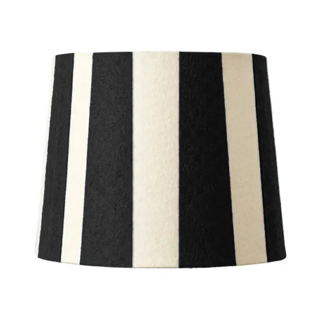 Hand Painted Upcycled Striped Sustainable Drum Lampshade, a jet black striped lampshade against a white background. 