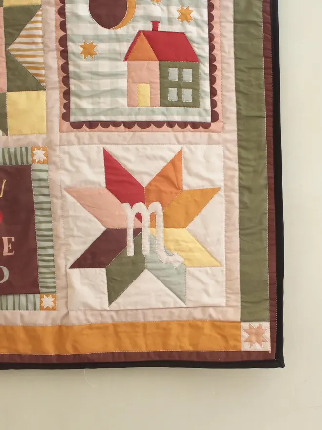 personalised baby quilted wall hanging. a patchwork hanging quilt decoration to commemorate a baby's birth.
