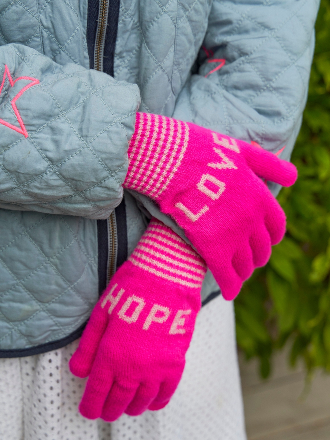 Love Hope Gloves In Bright Fuchsia Pink And Pale 