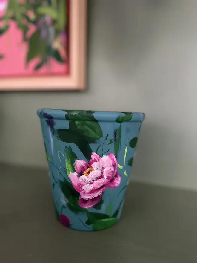 Hand painted floral plant pot background painted dark teal pink peony flowers