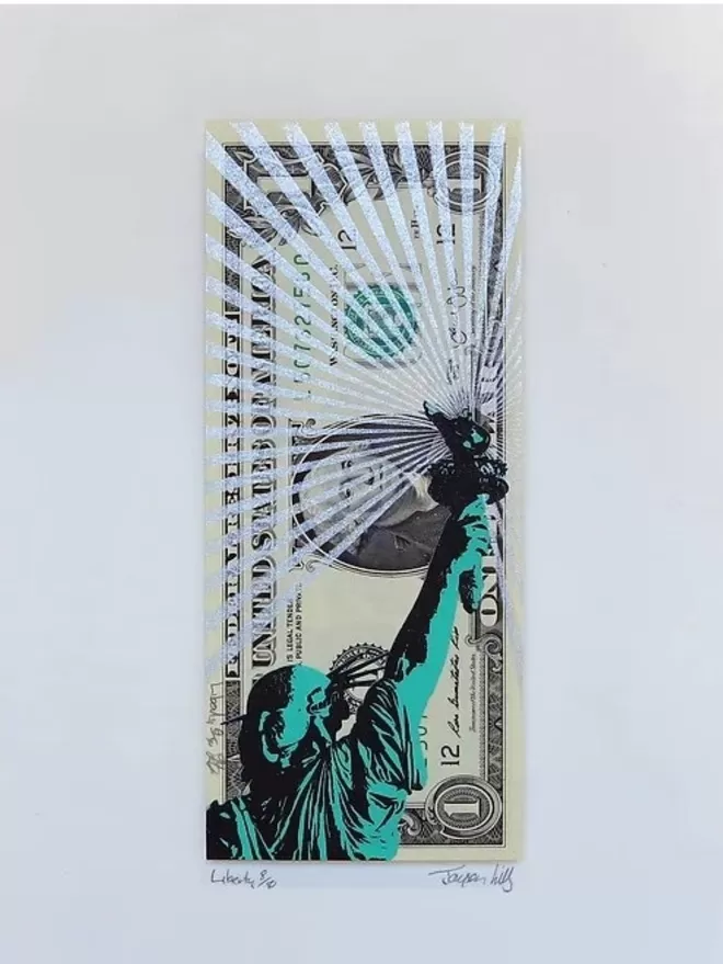 One Dollar Note with Statue of Liberty printed on top in green and black with white glitter rays 