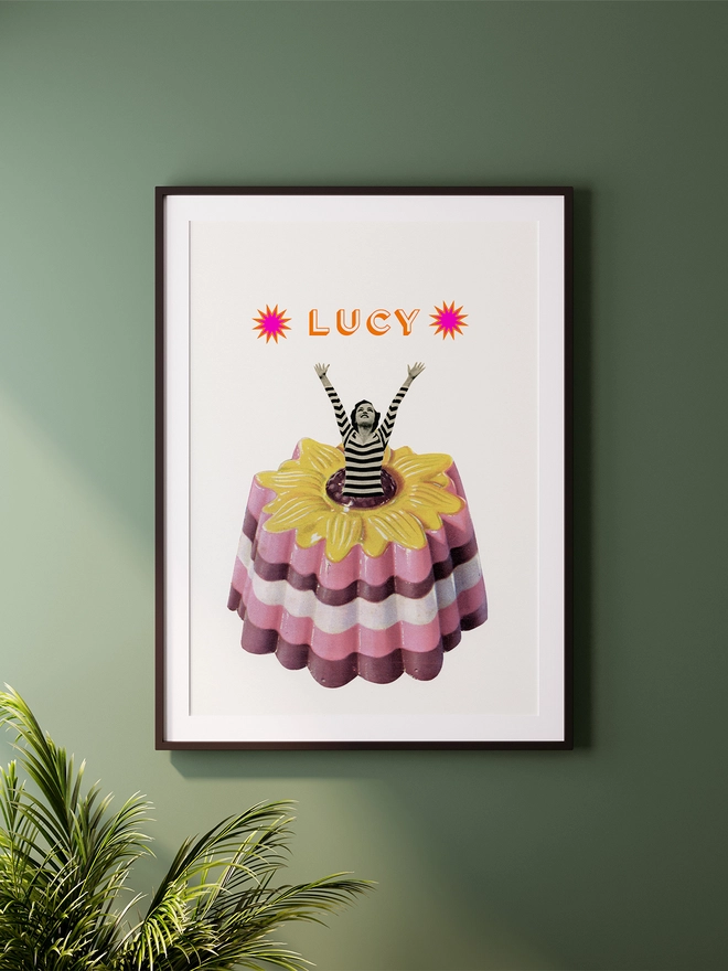 A retro personalised food print featuring a woman jumping out of a giant blancmange.