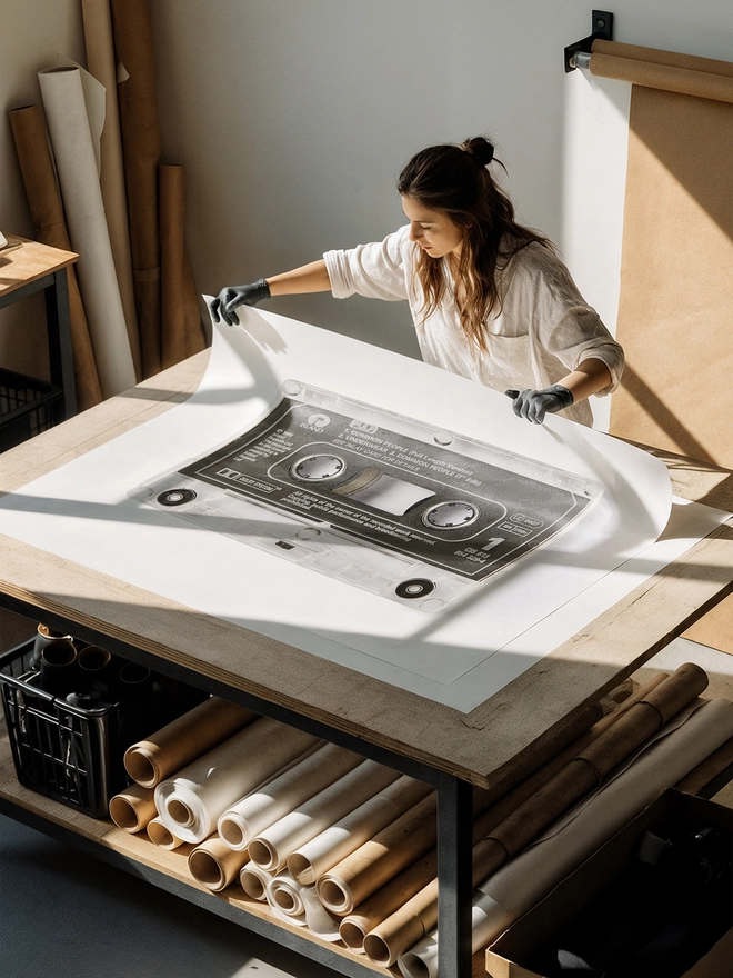 Pulp 'Common People' cassette tape print. artist unrolling print on studio desk.