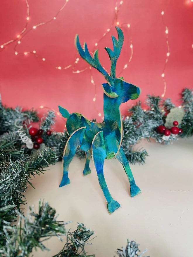 Blue hand painted christmas leather reindeer