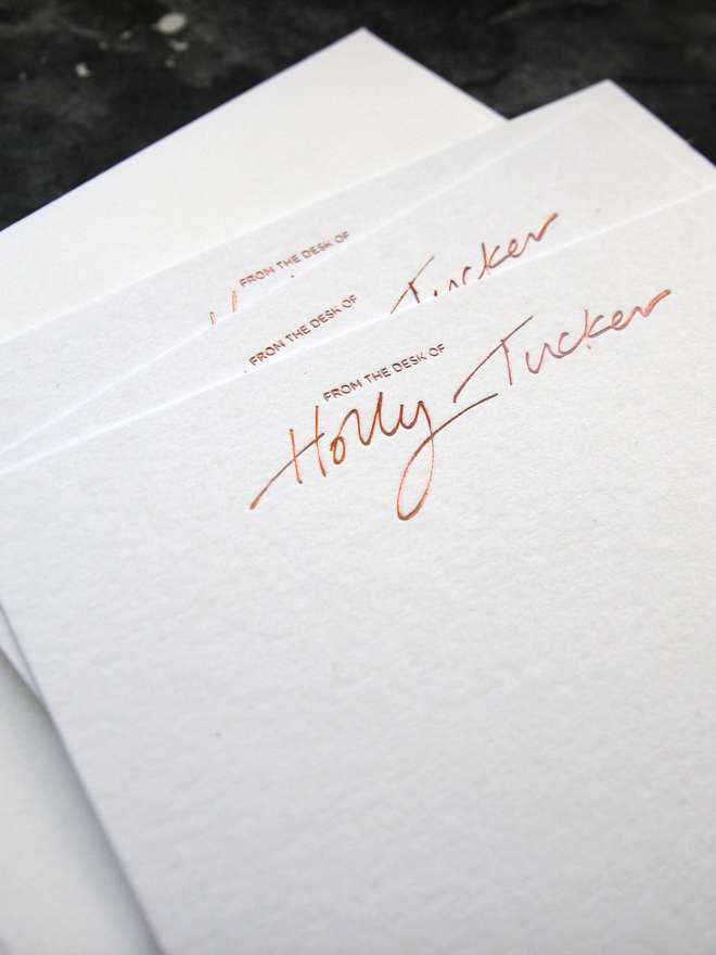 peronalised correspondance notecards hand foiled in rose gold foil