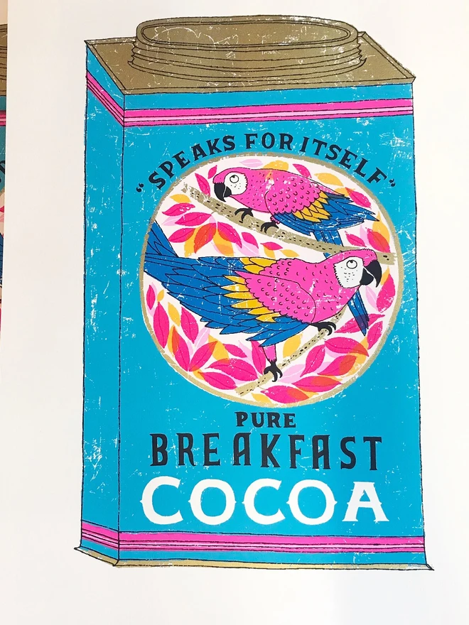 Vintage Parrot Cocoa Tin Un Poco De Cocoa, a colourful cocoa tin screenprint. 