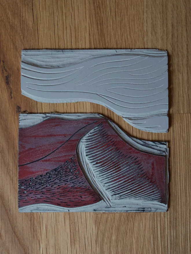 Linocut blocks of a welsh mountain