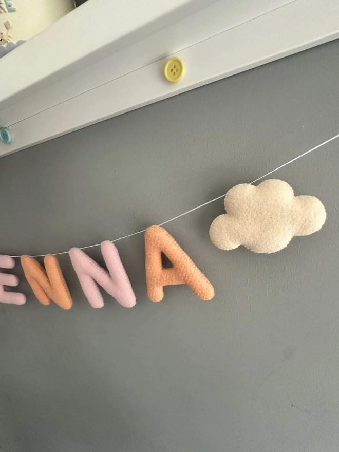 Personalised Name Garland with Clouds, kids decoration, nursery bunting, baby gift, wall hanging in peachy pink
