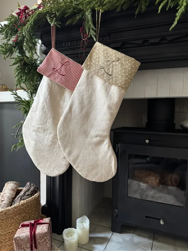 Floral Christmas Stocking. Two stockings hanging from a mantle in cuffed red and green prints 