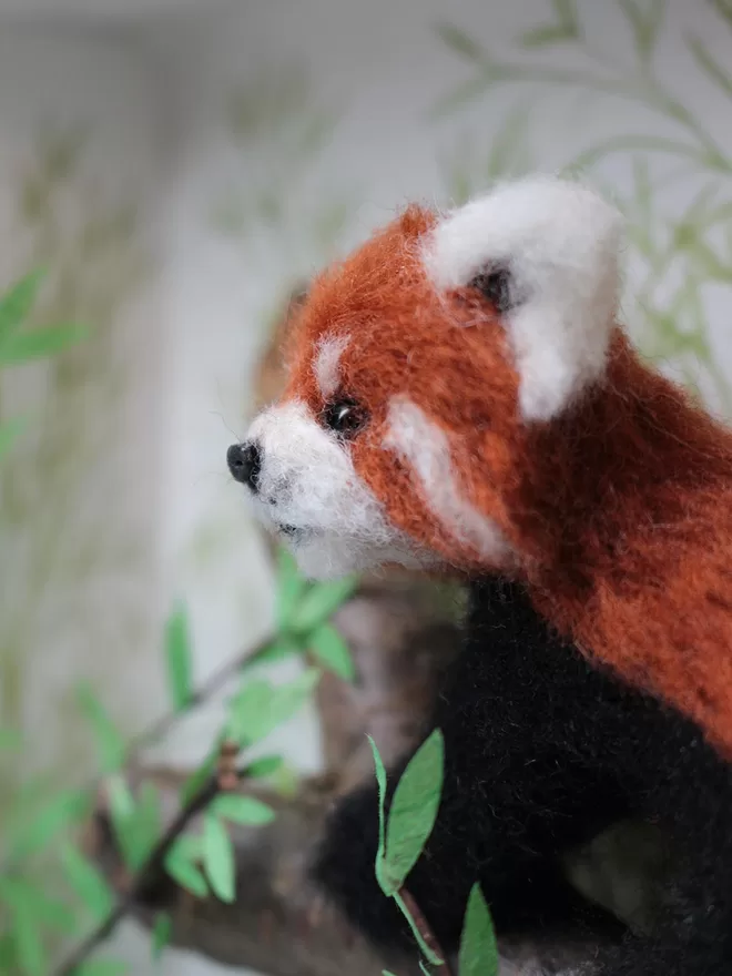 Close-up of a needle-felted red panda