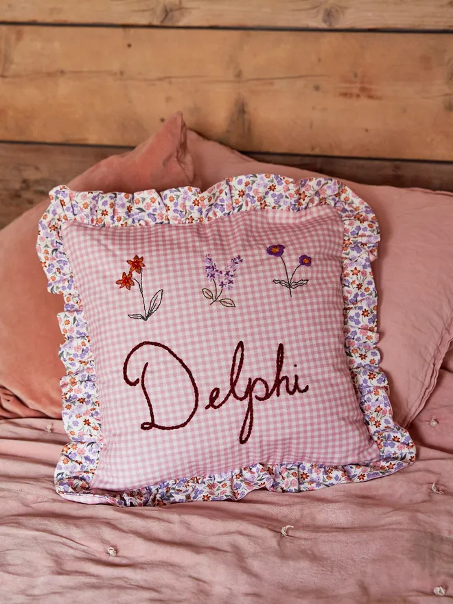 Pink Gingham Cushion With Floral Ruffle Trim