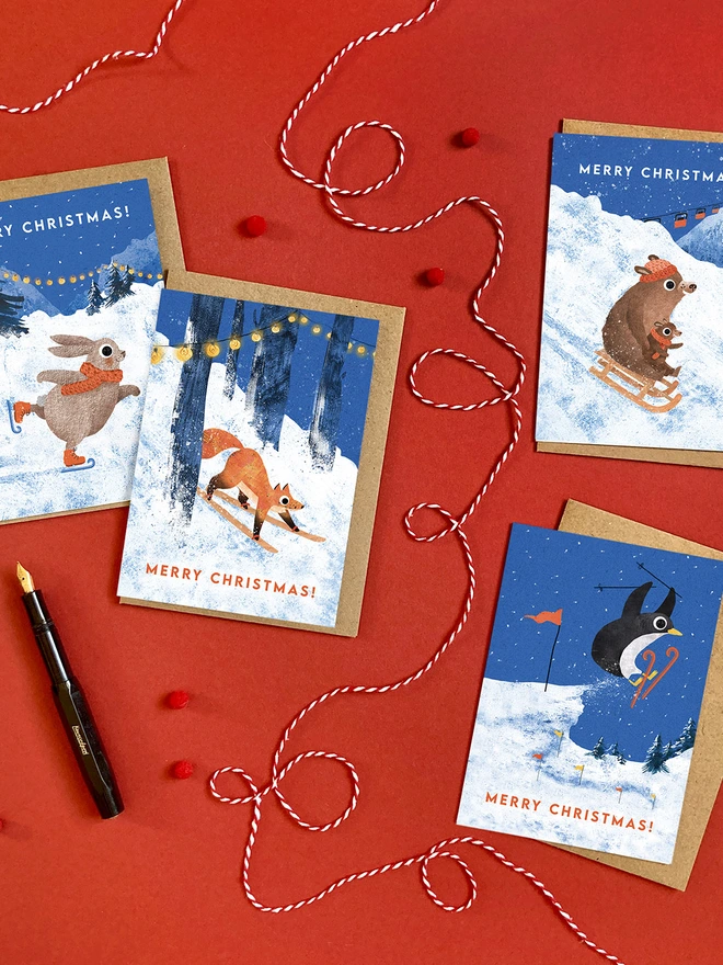 snow animal skiing penguin fox bear rabbit greeting card pack set multipack winter christmas holiday