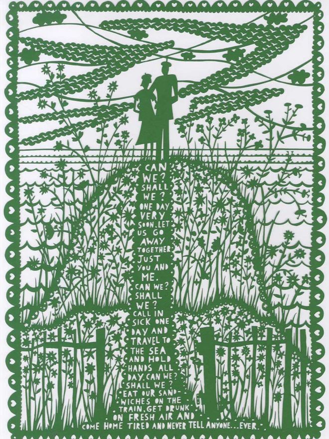 An intricate green lasercut on a white background. Lasercut image of two people atop a hill with text on the hill about future dreams.