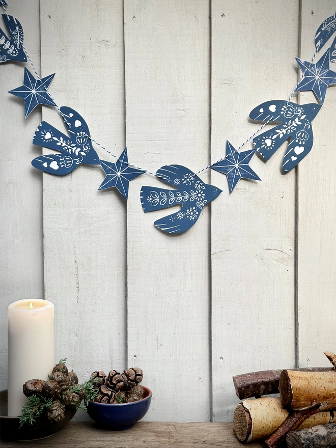 Traditional Nordic Folk Birds Christmas Linocut Garland