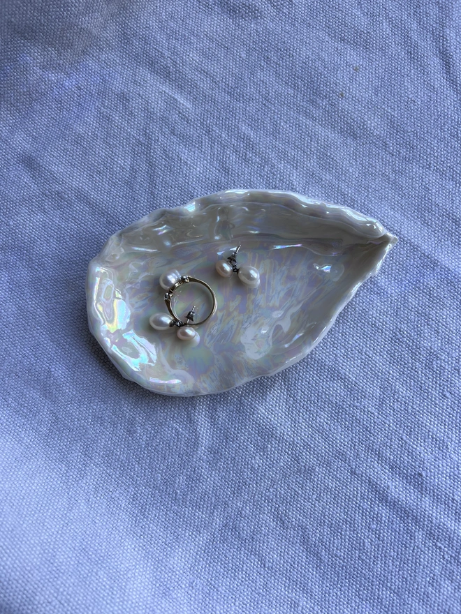 large porcelain oyster shell dish with mother of pearl lustre
