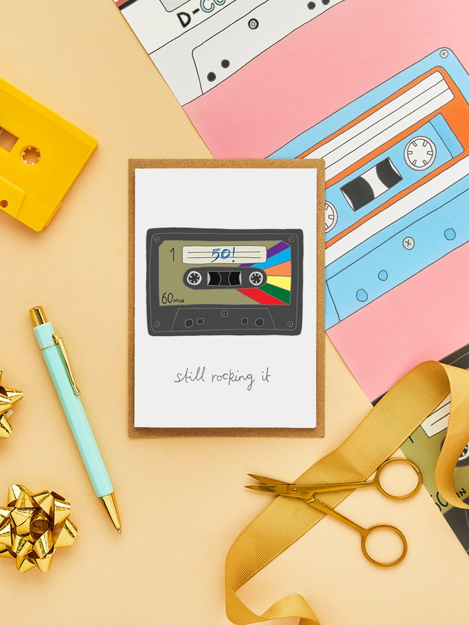 Retro 50th Birthday Card and Matching Cassette Tape Gift Wrap