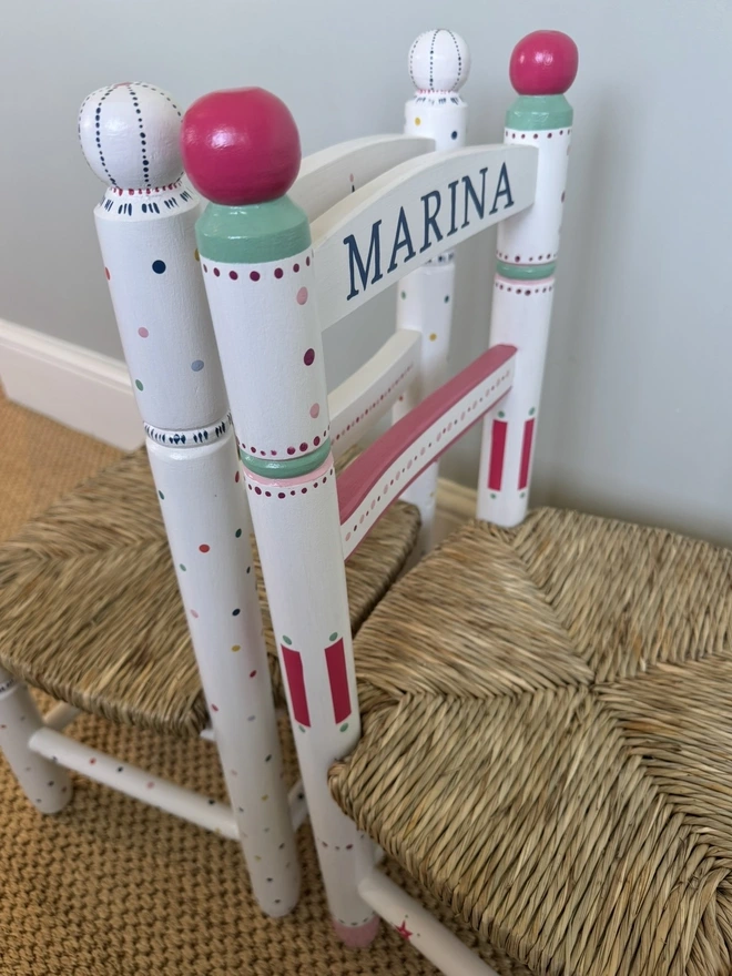 First birthday Childs wooden chair. Handpainted with their name. 
