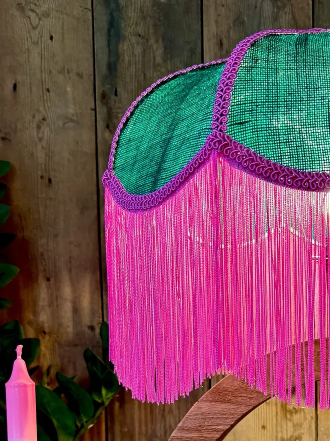 Emerald Green Petal Lampshade With Bubblegum Pink Fringe