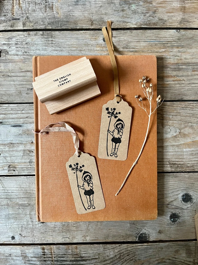 2 pixie swing tags and wooden traditional rubber stamp