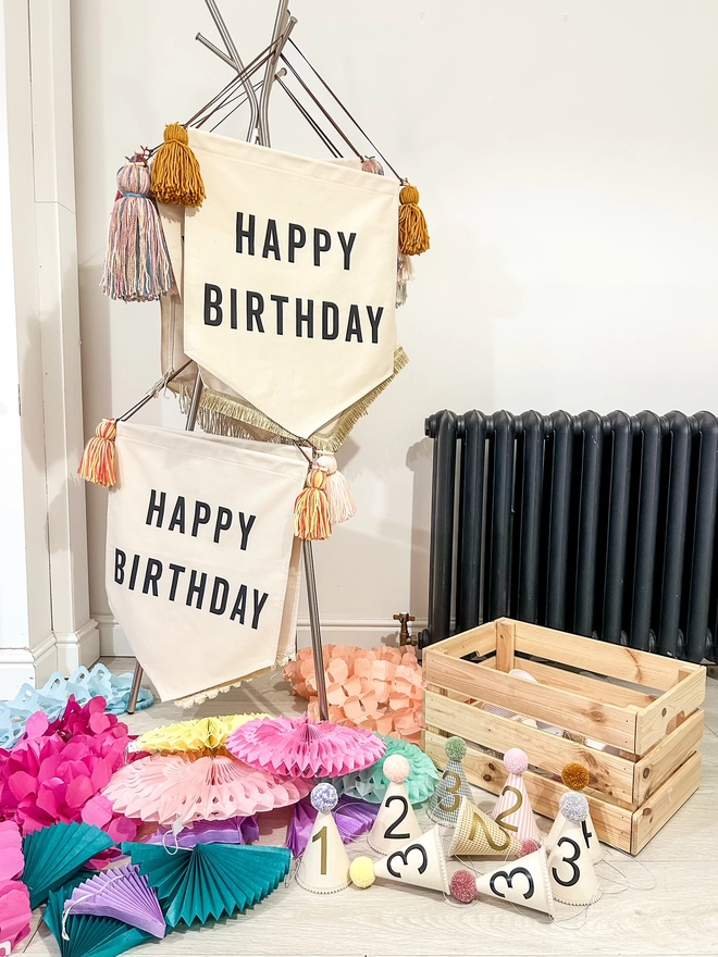 Colourful Canvas Printed Happy Birthday Banners with Tassels and Matching Pom Pom Party Hats