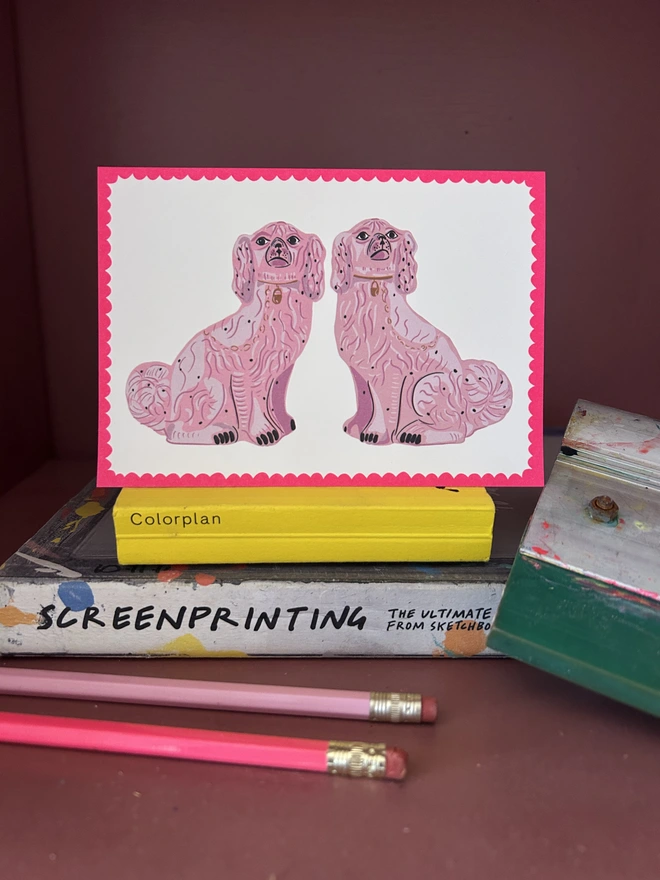 Pink China Dogs, Neon Pink card by hannah Carvell