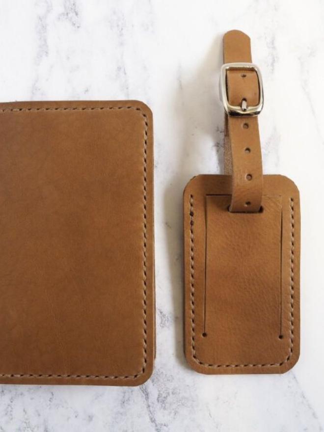 handmade leather personalised passport holder and luggage tag