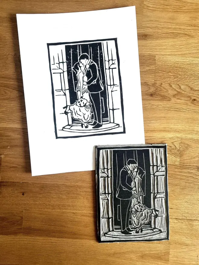 Personalised Handcrafted Linoprints, linoprints of romantic couples on a wooden table. 