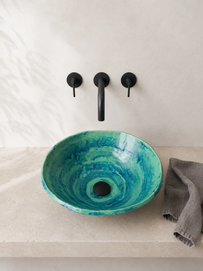electric lagoon, handcrafted bathroom basin, green and blue, Jenny Hopps Pottery