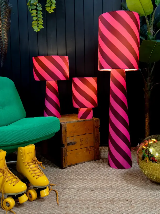 Portable Helter Skelter Velvet Lamps, in a room. 