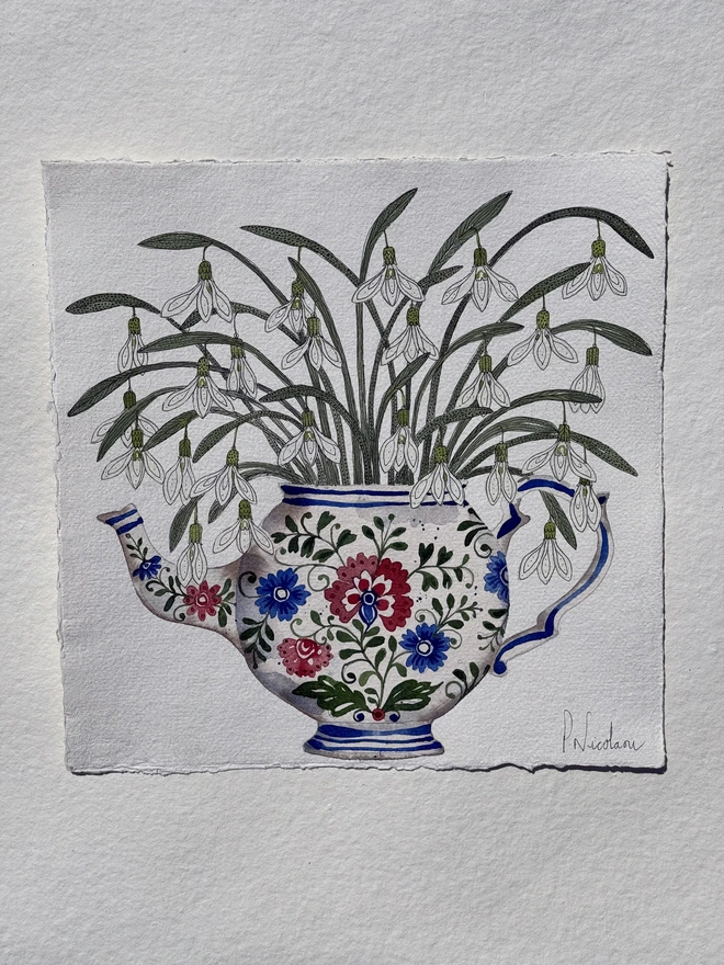 'Spring Snowdrops In Teapot' Watercolour Painting