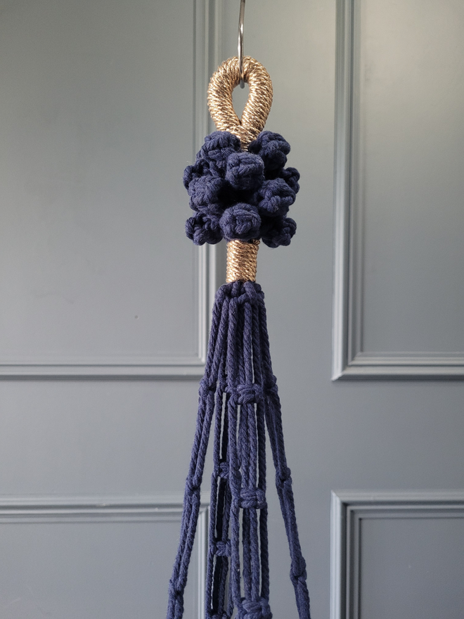 Diy navy macrame plant hanger kit for the confident beginner or craft lover, easy macrame kit for home decor, no experience needed, fun weekend project for all ages, featuring a unique style for the modern home and plant lover