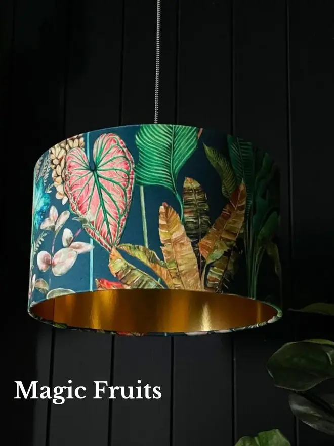 Magic Fruits velvet lampshade with exotic fruit and green foliage