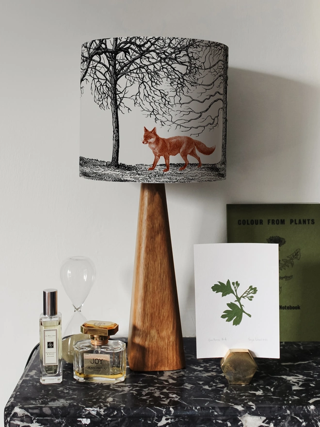 Handmade fox lampshade inspired by woodland walks and British countryside cottage style.