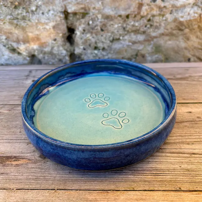Landscape Cat Bowl, a colourful cat bowl placed on a wooden surface against a brick backdrop. 