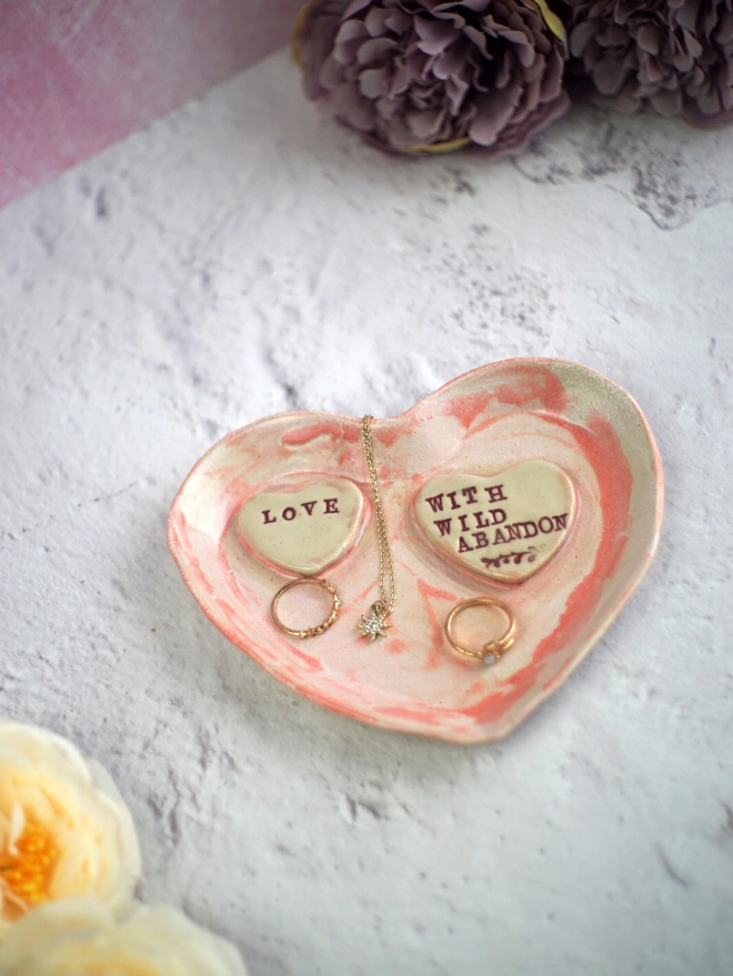 love with wild abandon heart dish, heart jewellery dish, heart trinket dish, Pink jewellery dish, Jenny Hopps Pottery