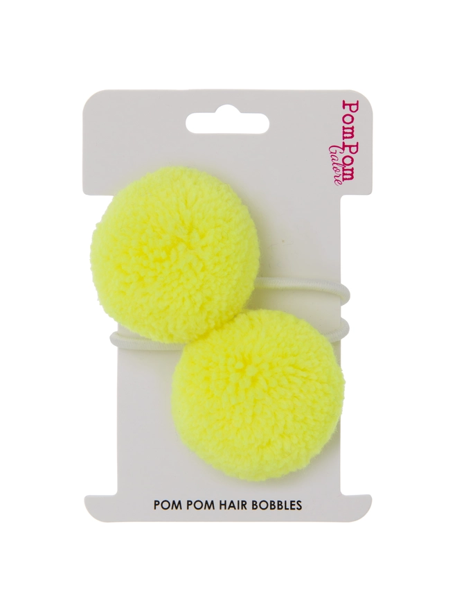 Pom pom hair bobble elastic set of 2 4cm neon yellow 