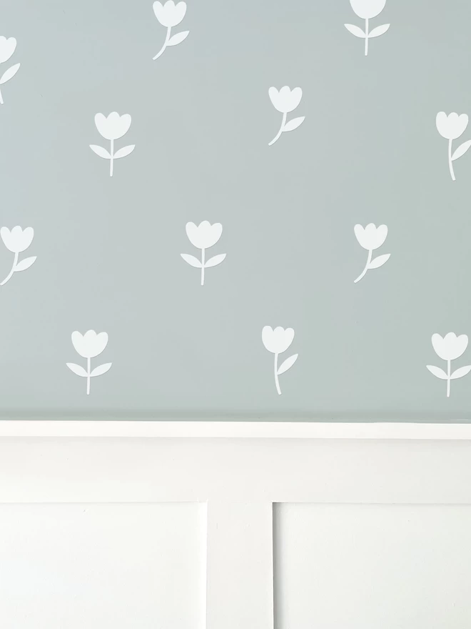 White Tulip Flower Wall Stickers on Duck Egg Blue Wall with white wall panelling