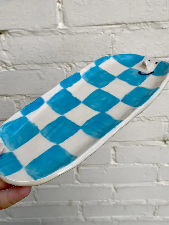 blue white check handmade ceramic tray