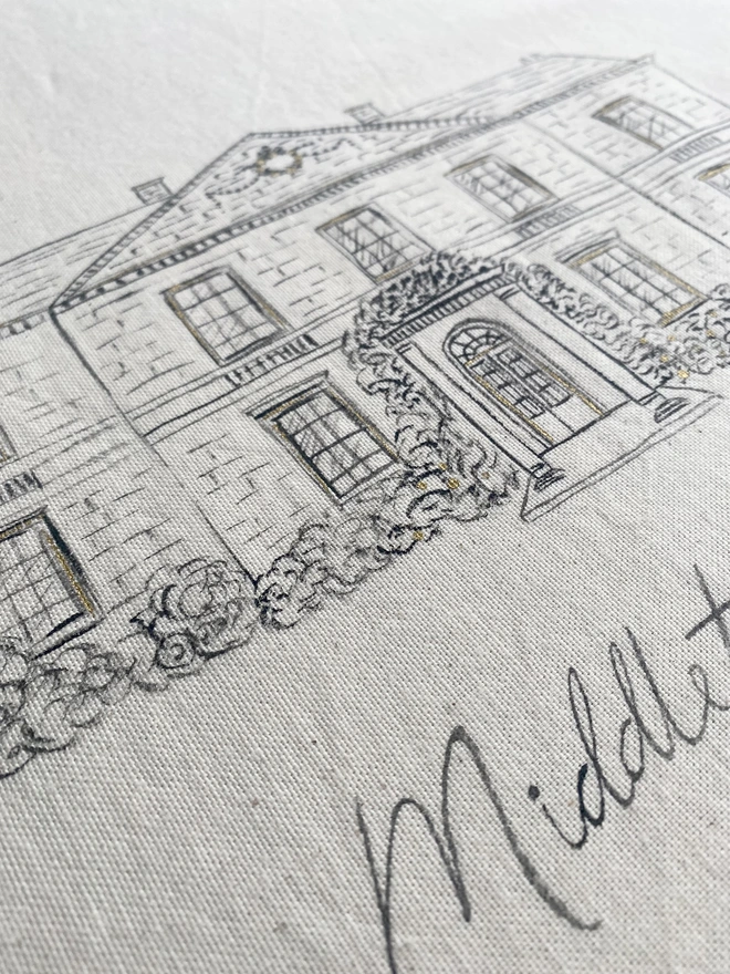 Close up detail photograph of a hand painted tea towel of a wedding venue illustration