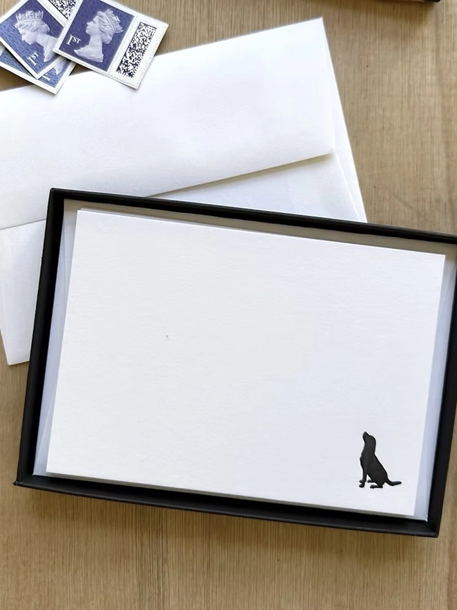 Personalised Companion Correspondence Cards (Set Of 10, 20), black labrador icon in corner of white correspondence letter. 
