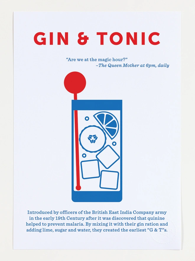 gin and tonic screen print in blue and red
