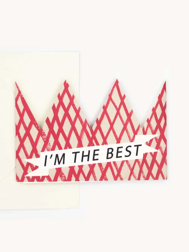 red and white grid card in crown shape with 'im the best' text