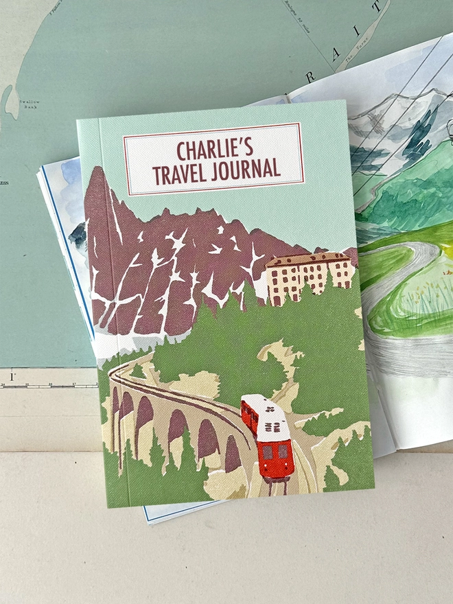 Mountain Rail travel journal lifestyle shot on open book