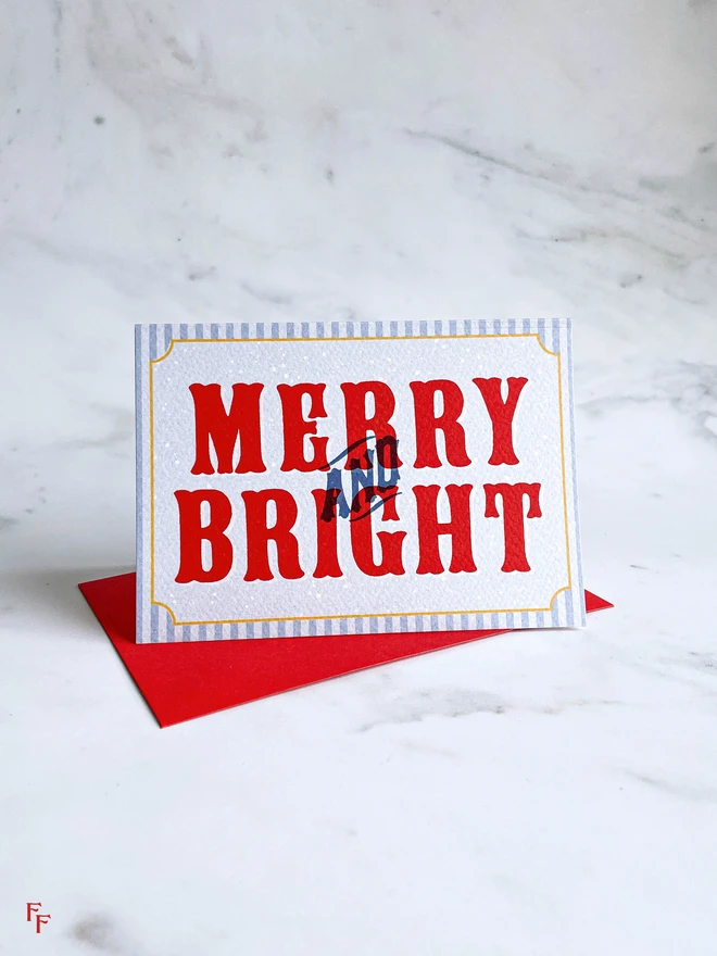 'Merry and Bright' charity christmas card, blue and red, vintage aesthetic, flora fricker