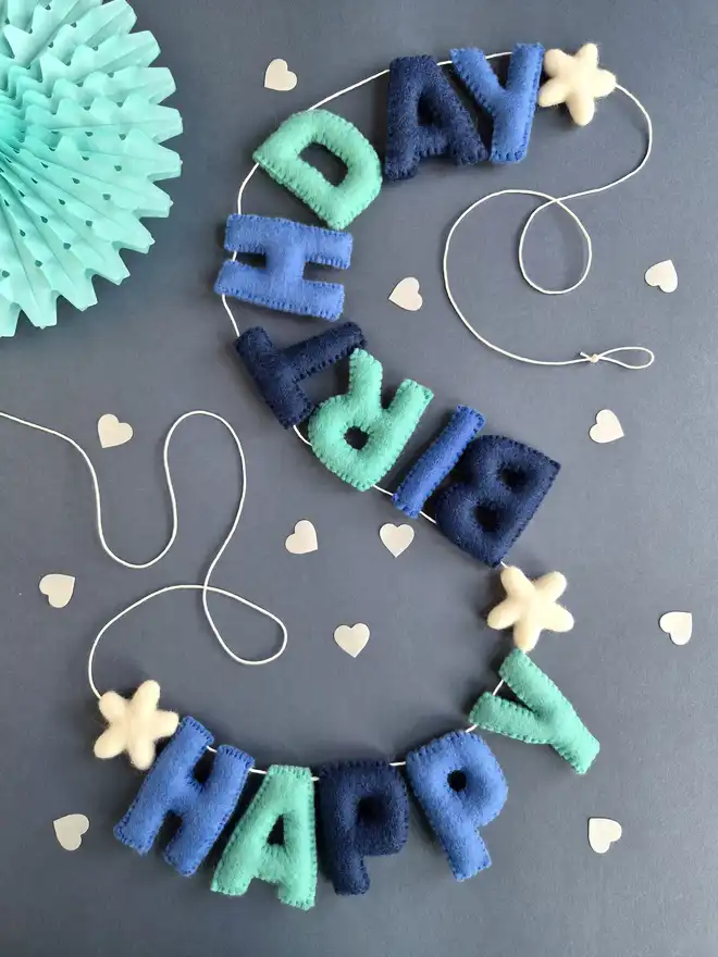 Felt 'Happy Birthday' Banner in blue tones