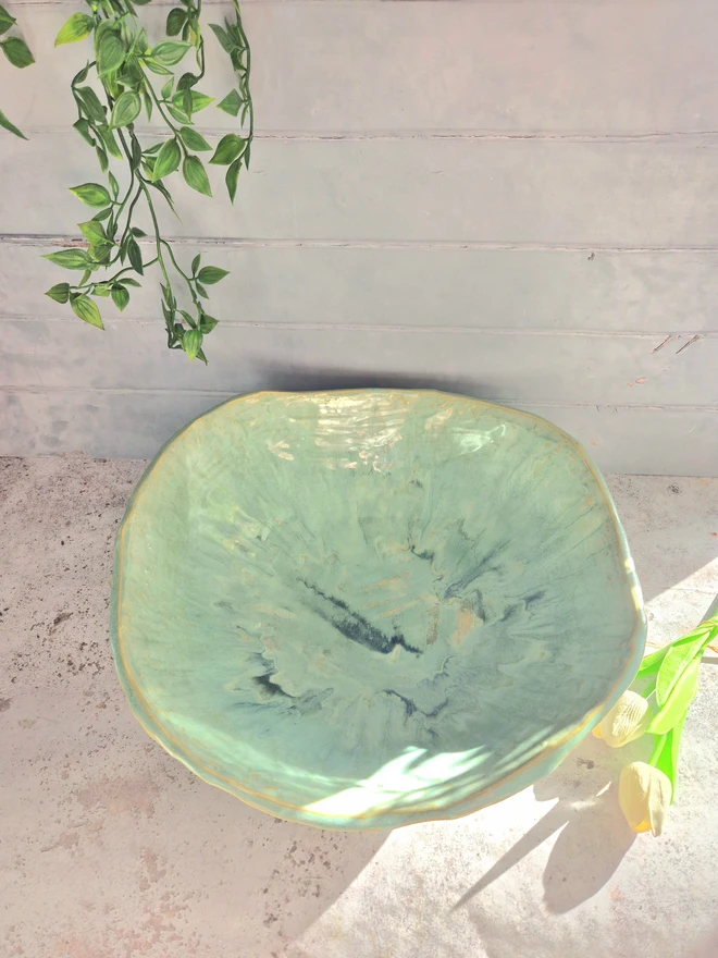 Large ceramic serving bowl, centrepiece bowl, statement bowl, designer bowl, Jenny Hops Pottery, Green, aqua